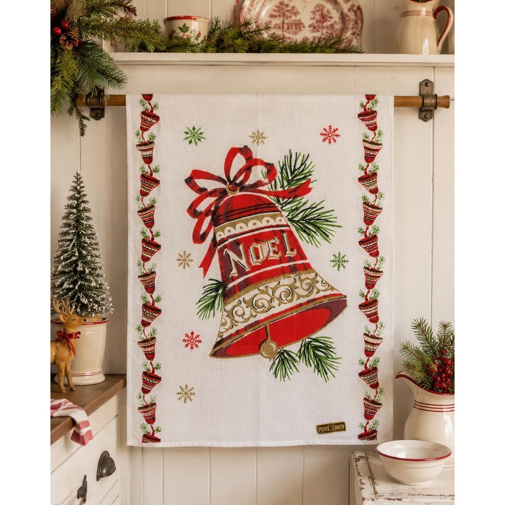 Vintage Pure Linen Christmas Tea Towel Red Bells Holiday Kitchen Decor